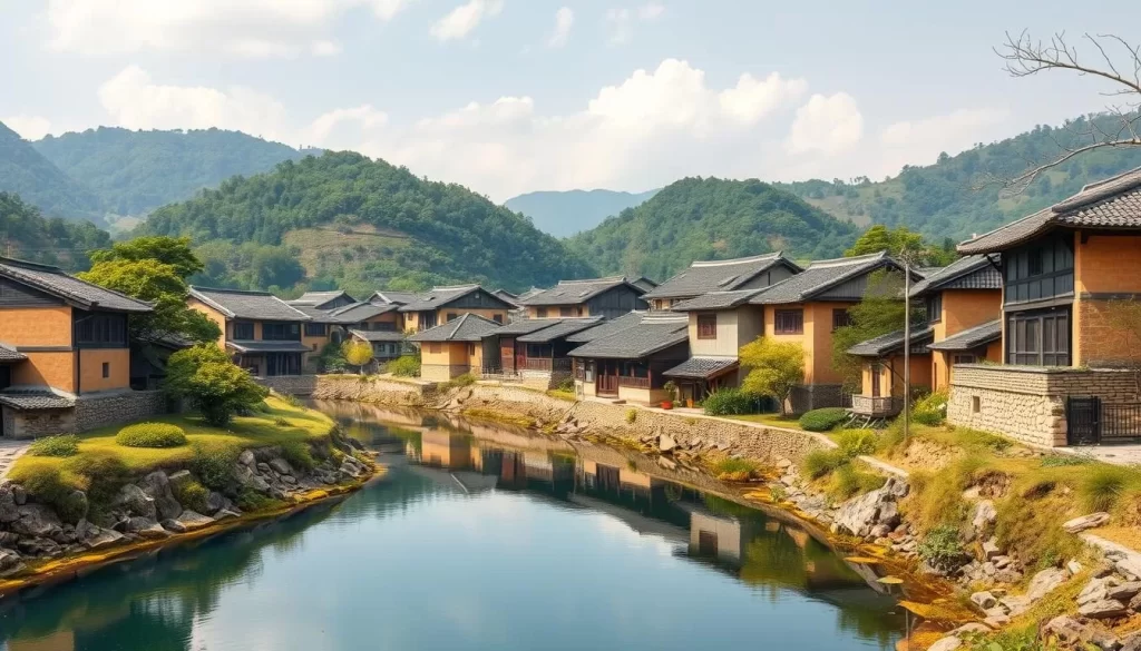 Generate an image of a traditional Korean folk village with mud walls and thatched roofs nestled along a serene river.