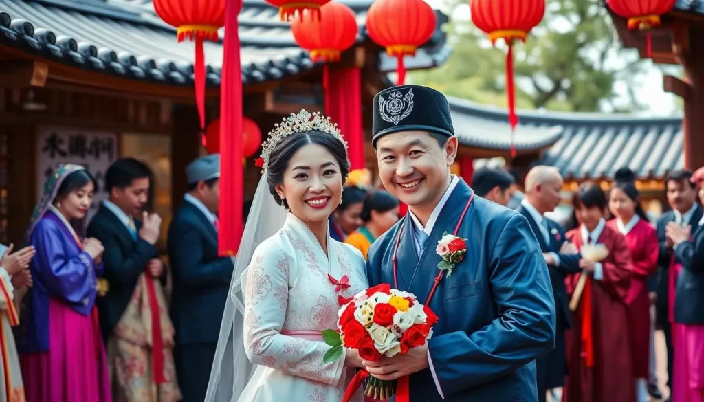 Generate an image of a traditional Korean wedding ceremony at the Korean Folk Village