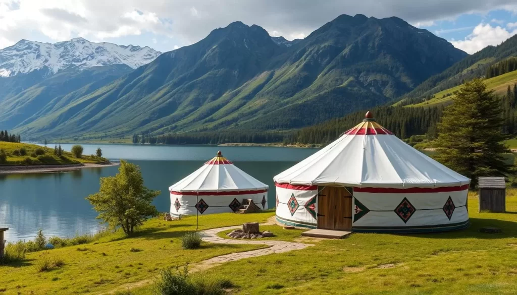 Generate an image of a traditional Kyrgyz yurt camp near a serene lake.