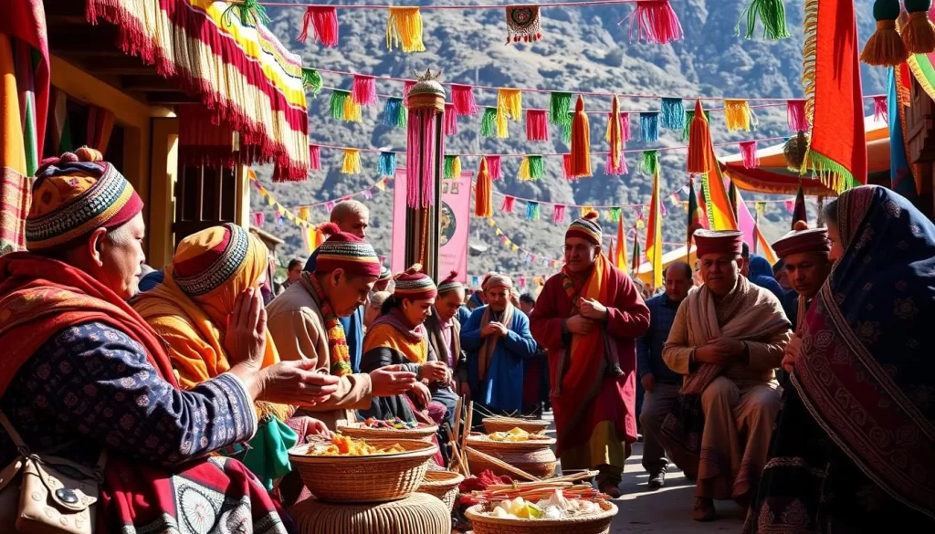 Generate an image of a traditional Ladakhi festival with vibrant colors and cultural rituals.