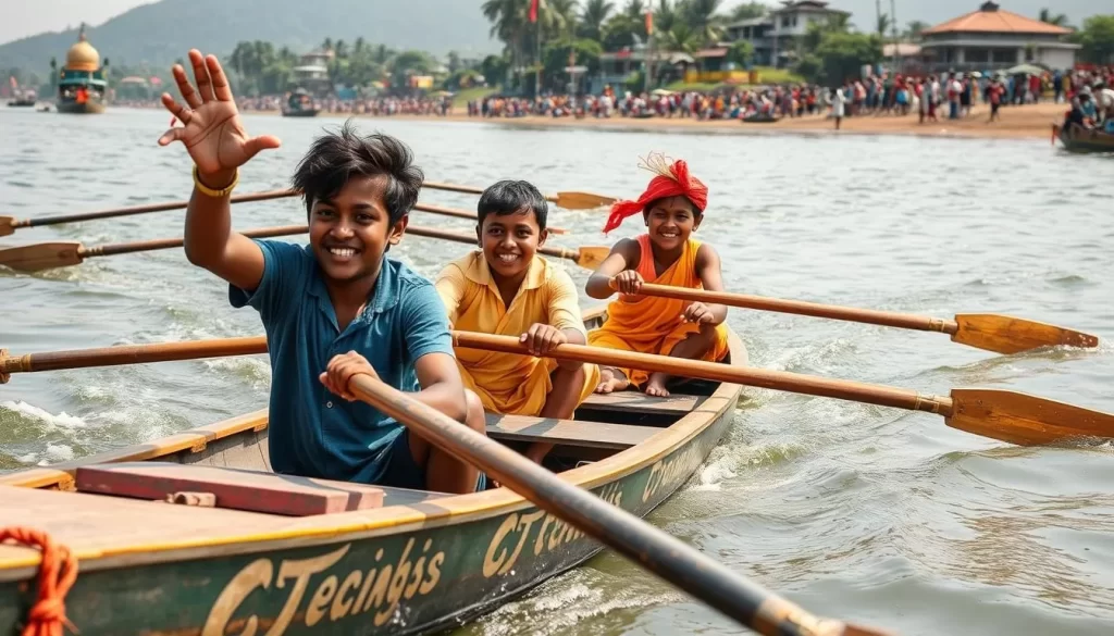 Generate an image of a traditional Manipuri boat race with young rowers competing energetically.