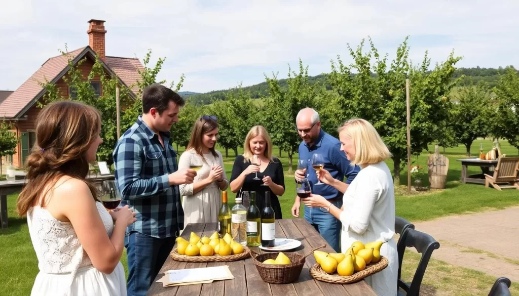 Generate an image of a traditional Mostviertel pear wine tasting at a local farm.