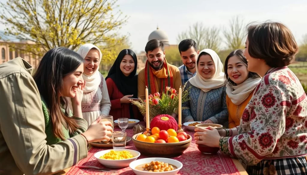 Generate an image of a traditional Navruz celebration in Uzbekistan, with people gathered around a festive table.