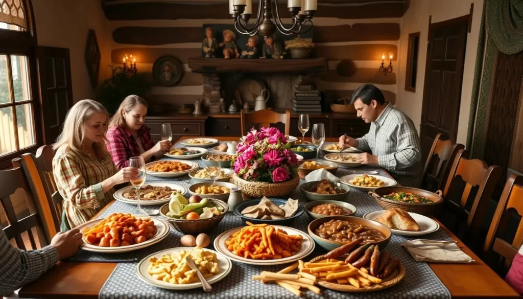 Generate an image of a traditional Pennsylvania Dutch dinner setting with a large family-style table and various dishes.