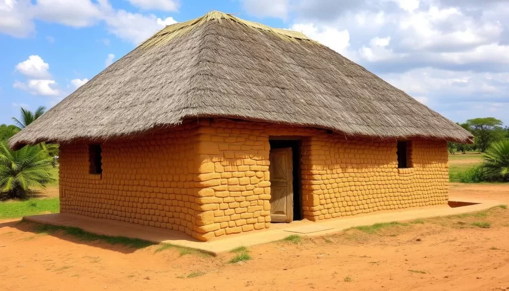 Generate an image of a traditional Takienta house in Koutammakou, Togo, showcasing its unique mud-brick architecture and thatched roofing.