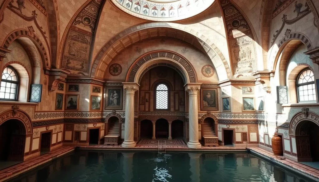 Generate an image of a traditional Turkish Hamam in Bursa, highlighting its historical architecture and soothing ambiance.