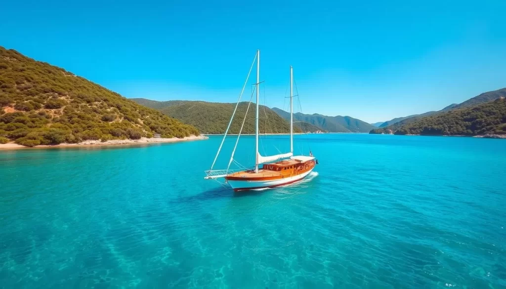 Generate an image of a traditional Turkish gulet boat sailing through the turquoise waters of Fethiye Bay.