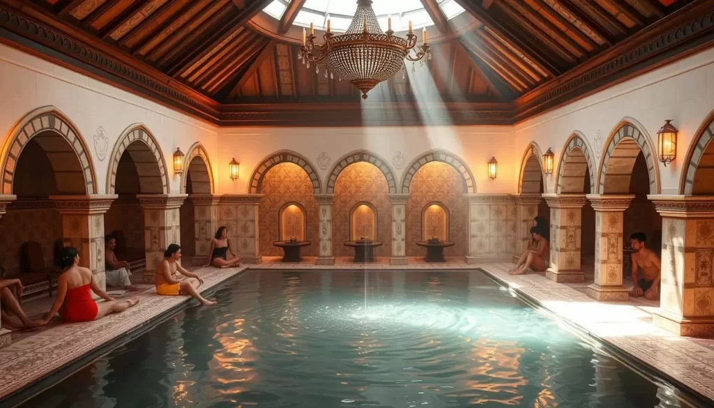 Generate an image of a traditional Turkish hammam in Fethiye, with a serene atmosphere and locals relaxing in the background.