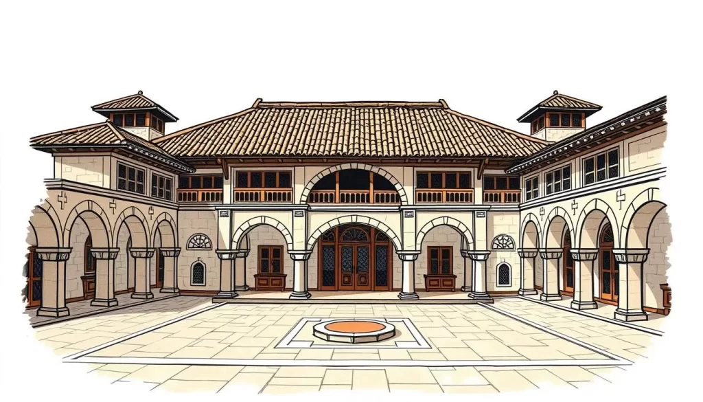 Generate an image of a traditional Turkish han with a central courtyard and stone arches.