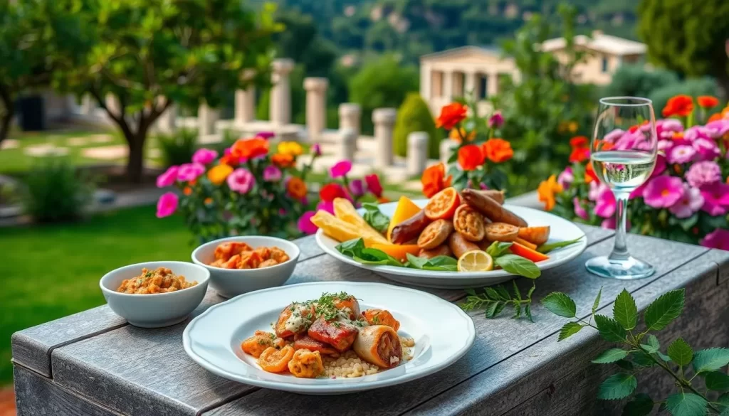 Generate an image of a traditional Turkish meal being served in a garden setting near Ephesus.