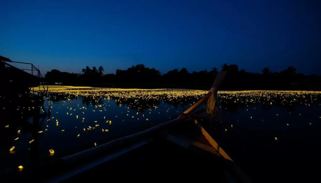 Generate an image of a traditional boat ride at the Kampung Kuantan Fireflies Park during the fireflies' illumination.
