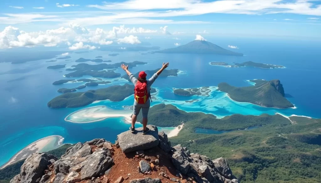 Generate an image of a trekker reaching the 366-meter viewpoint on Bohaydulong Island, with a panoramic view of the Semporna archipelago.