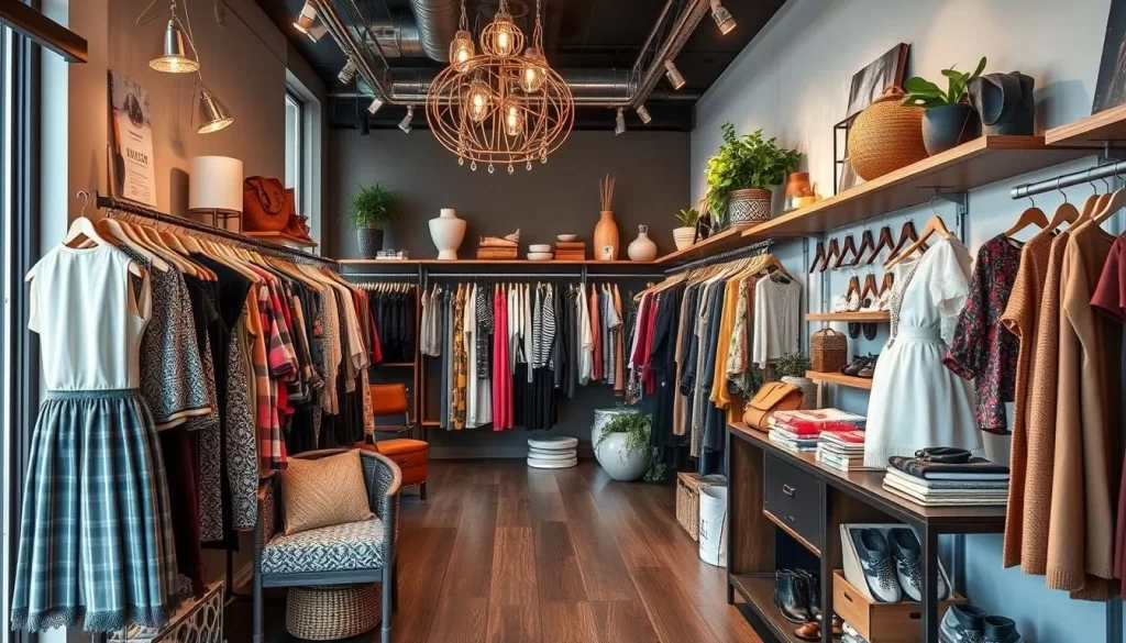 Generate an image of a trendy boutique in Downtown Flint, showcasing unique clothing and accessories.