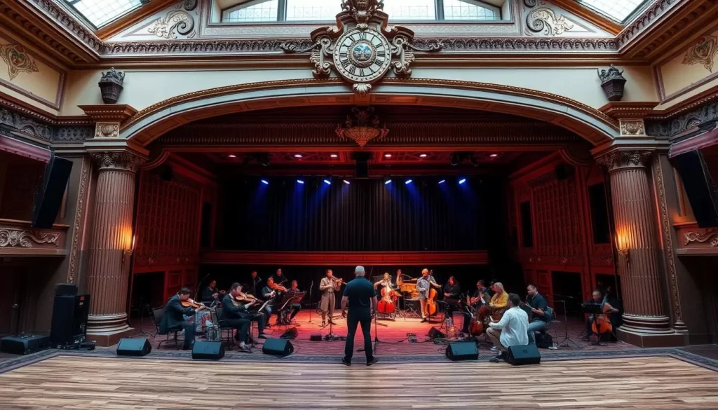 Generate an image of a unique venue, such as a historic theater, hosting a diverse range of performers, from classical musicians to electronic artists.
