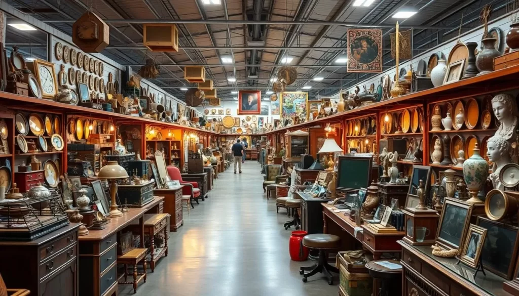 Generate an image of a vast antique mall with numerous dealers and a variety of vintage items.