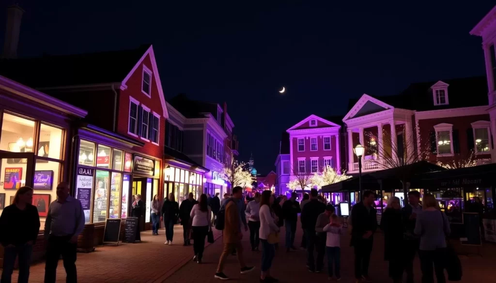 Generate an image of a vibrant AHA! Night in New Bedford, with people exploring art galleries, historic buildings, and architectural landmarks under the evening lights.