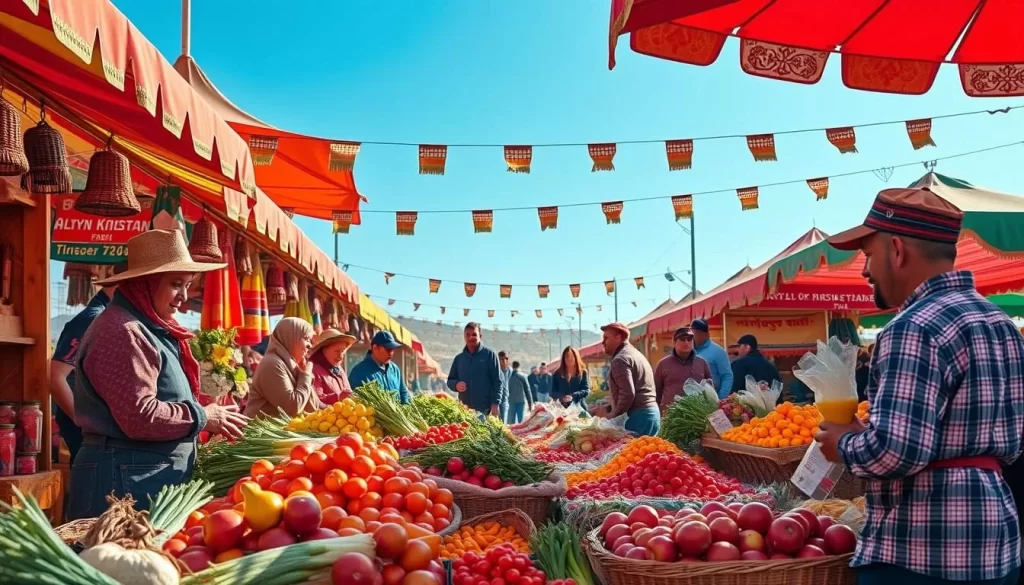 Generate an image of a vibrant Altyn Kүz festival scene with Kazakh farmers displaying their fresh produce.