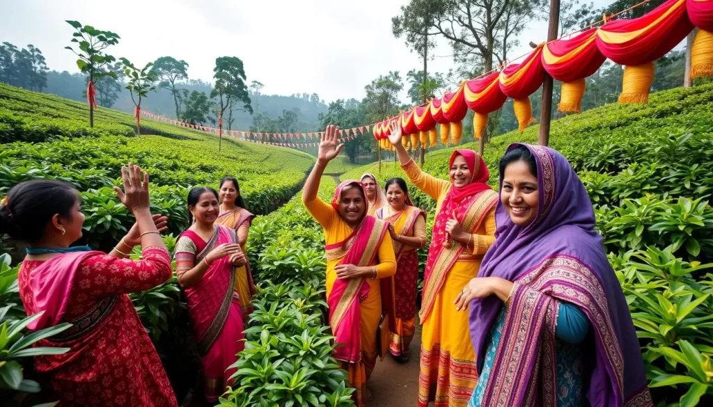 Generate an image of a vibrant Assam Tea Festival scene in Jorhat, with tea plantation workers in traditional attire celebrating amidst tea gardens.