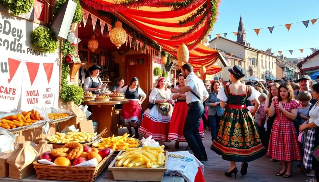 Generate an image of a vibrant Basque festival with traditional dancers and food