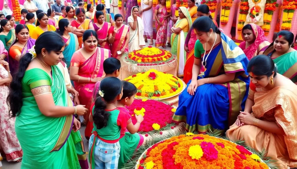 Generate an image of a vibrant Bathukamma celebration in Telangana, showcasing women and children gathered around floral arrangements.