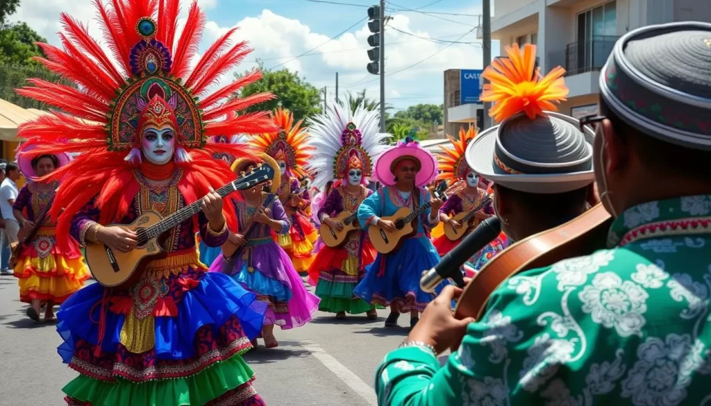 Generate an image of a vibrant Carnaval parade in Timor-Leste, showcasing colorful costumes and traditional Timorese music.