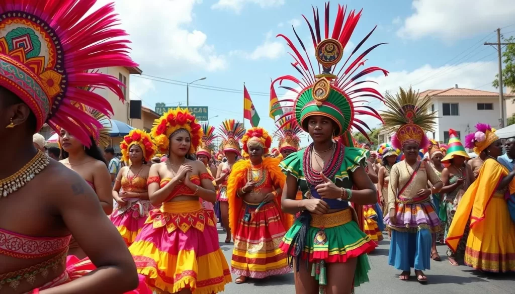 Generate an image of a vibrant Carnival de Timor parade in Dili, showcasing diverse cultural performances and colorful costumes.