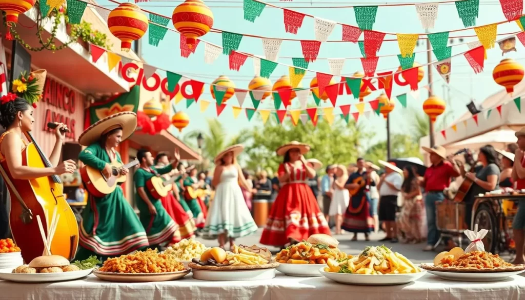 Generate an image of a vibrant Cinco De Mayo celebration with traditional Mexican music, dance, and food.