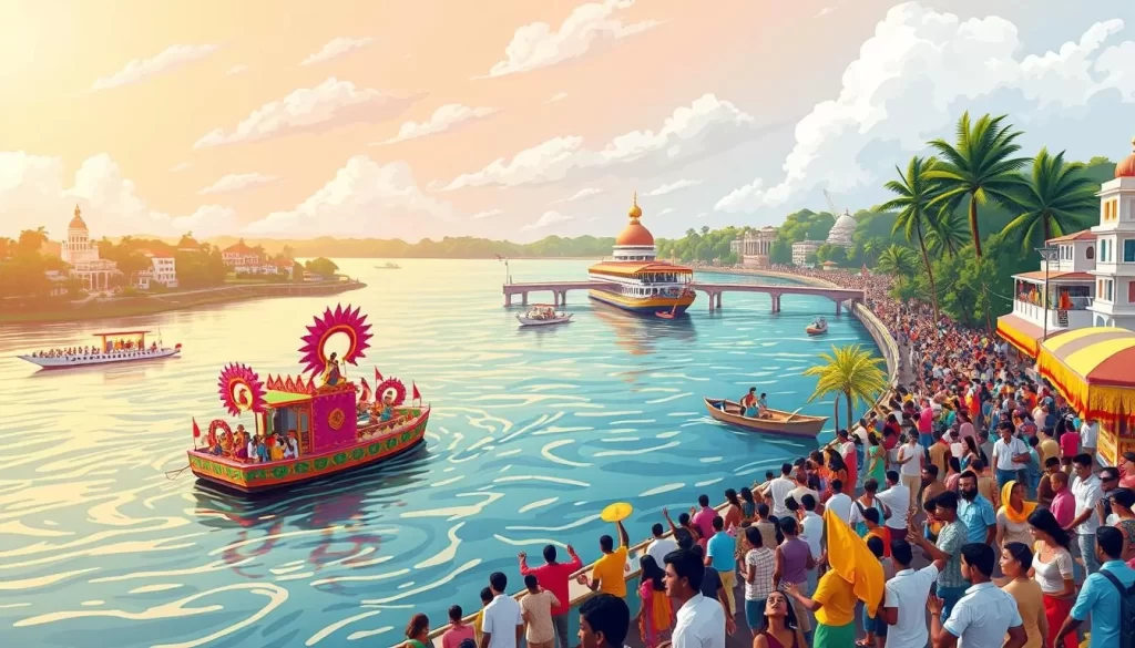 Generate an image of a vibrant Goa Carnival parade along the Mandovi River in Panjim.