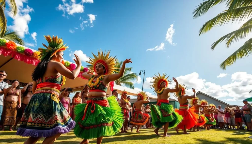 Generate an image of a vibrant Heiva i Tahiti festival scene with dancers in traditional costumes.