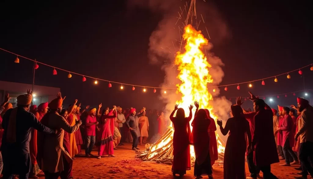 Generate an image of a vibrant Lohri celebration with a large bonfire, people dancing around it, and traditional Punjabi attire.