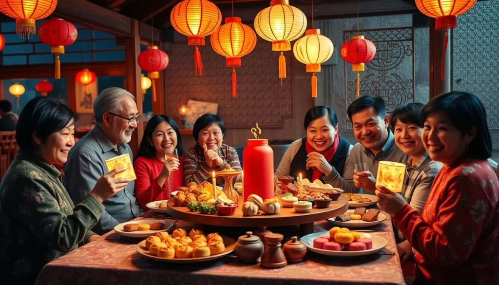 Generate an image of a vibrant Mid-Autumn Festival celebration in Nantou County, with families gathering around a table filled with mooncakes and lanterns.