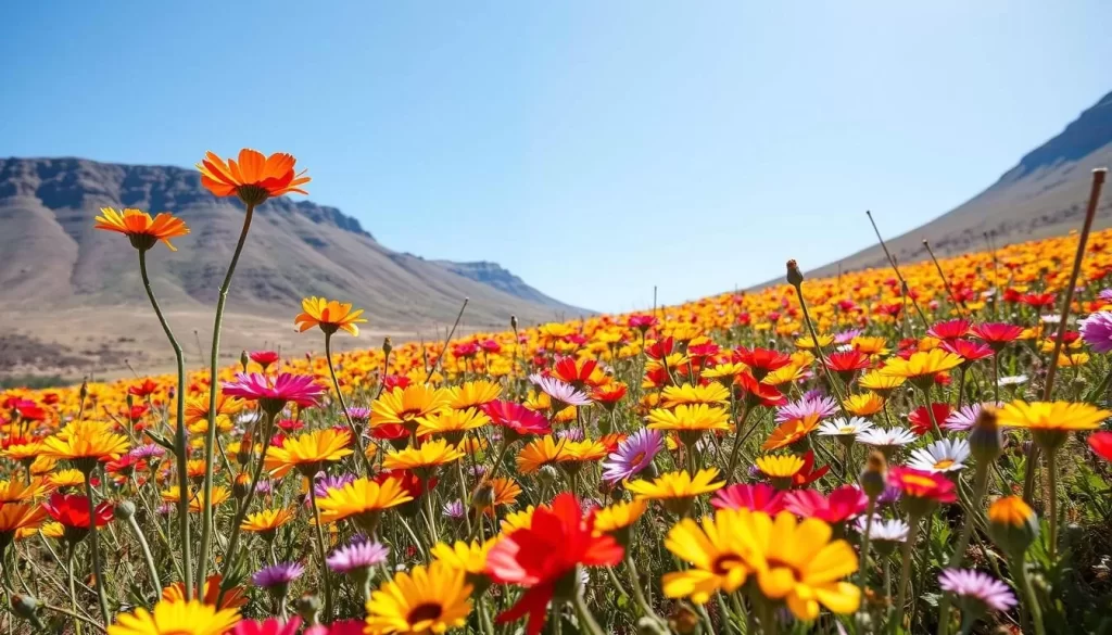 Generate an image of a vibrant Namaqualand flower field during the peak bloom season.