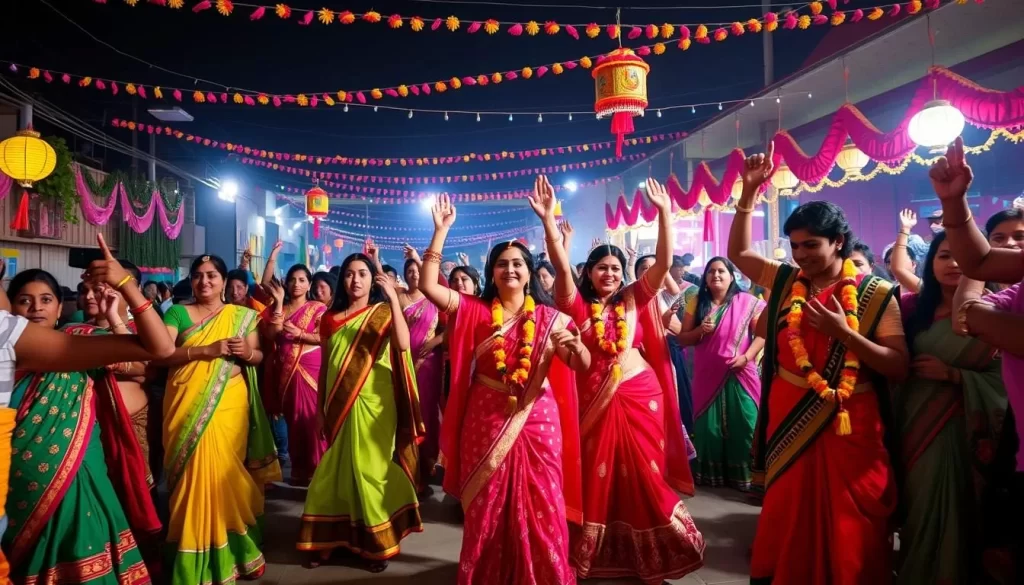Generate an image of a vibrant Navratri celebration in Gujarat, with people dancing in traditional attire.