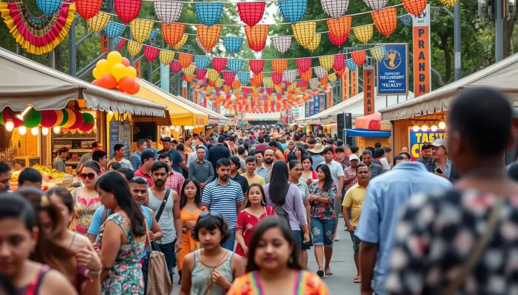 Generate an image of a vibrant New Jersey festival scene with diverse crowds and cultural performances.