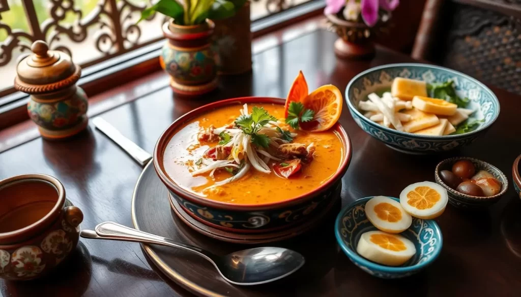 Generate an image of a vibrant Nyonya dish, such as laksa or ayam pongteh, served in a traditional Peranakan setting.