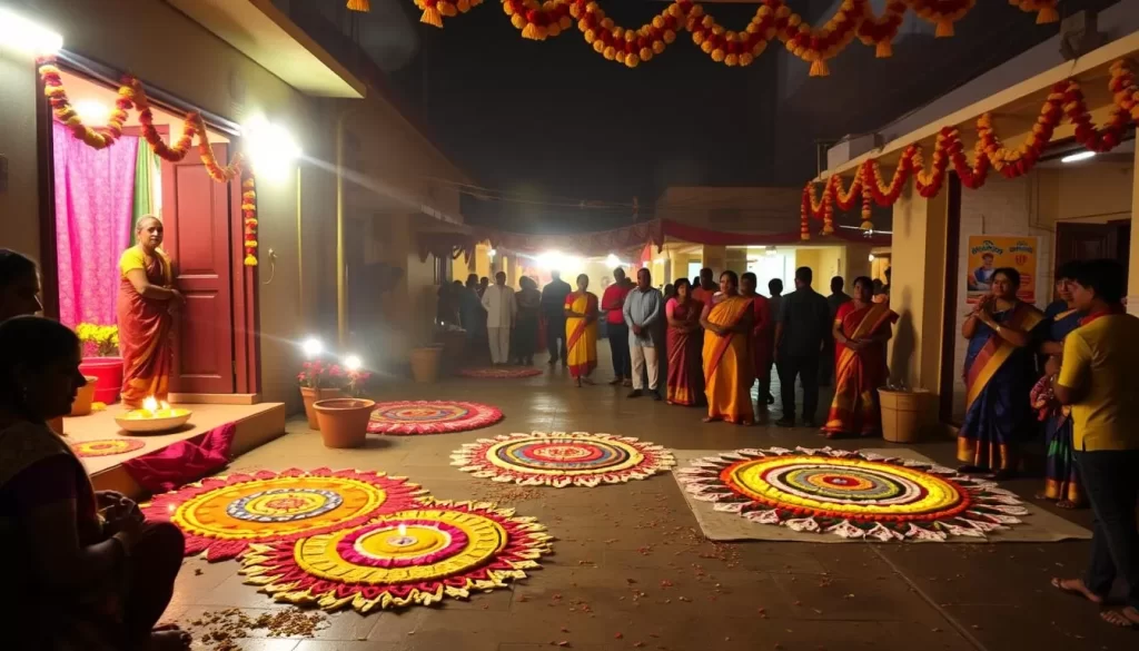 Generate an image of a vibrant Pongal celebration in Puducherry, with kolams adorning doorsteps and people gathering for festivities.
