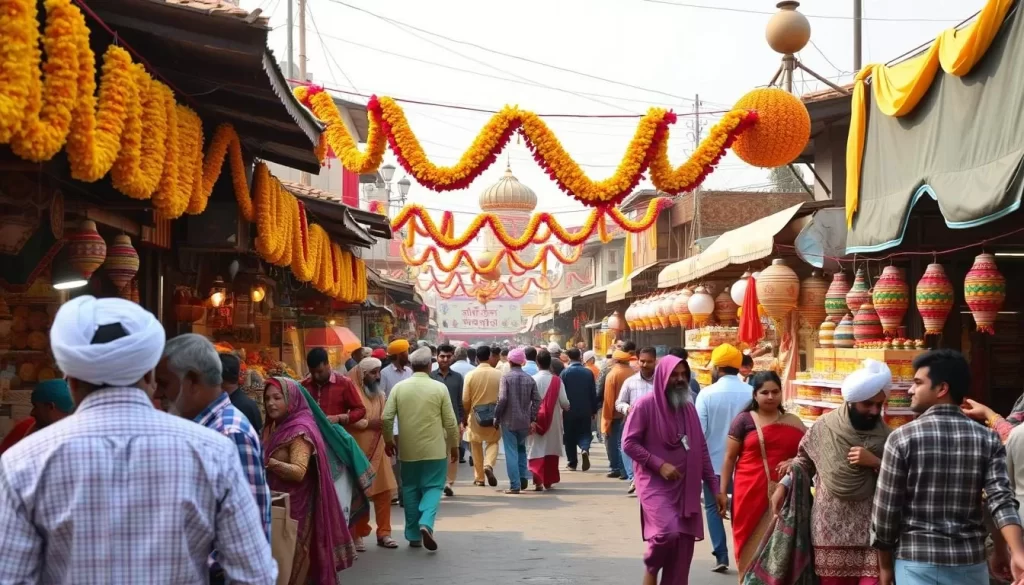Generate an image of a vibrant Punjabi market during a festival.