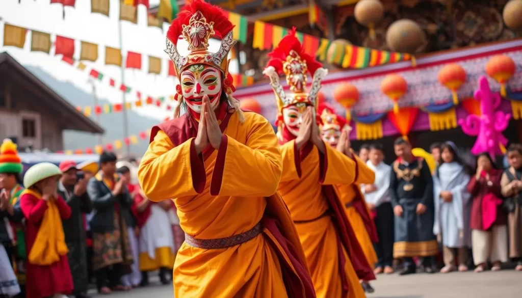 Generate an image of a vibrant Sonam Lhochhar Festival celebration in Sikkim, with masked lamas performing the Damphu dance.
