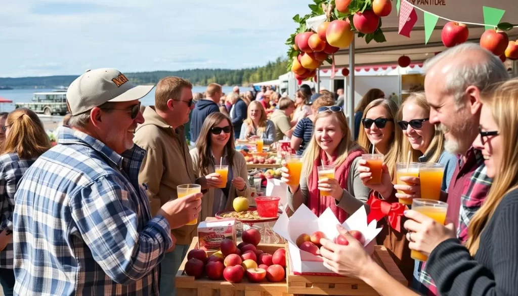 Generate an image of a vibrant apple festival with people enjoying apple-themed treats and drinks, set against the backdrop of Lake Superior.