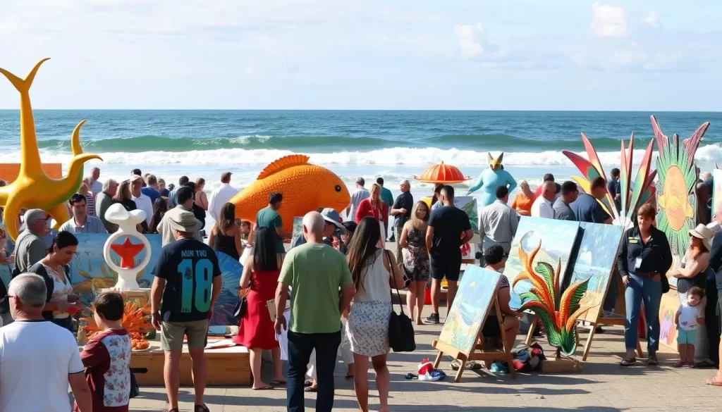 Generate an image of a vibrant arts festival by the ocean, with people admiring marine-life-inspired sculptures and paintings.