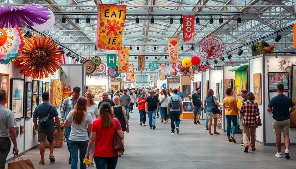 Generate an image of a vibrant arts festival with people viewing various art pieces