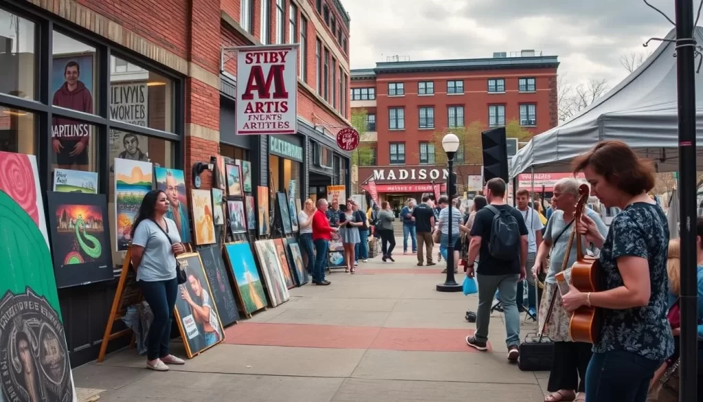 Generate an image of a vibrant arts scene in Madison, Wisconsin, featuring a mix of local artists, galleries, and street performances.