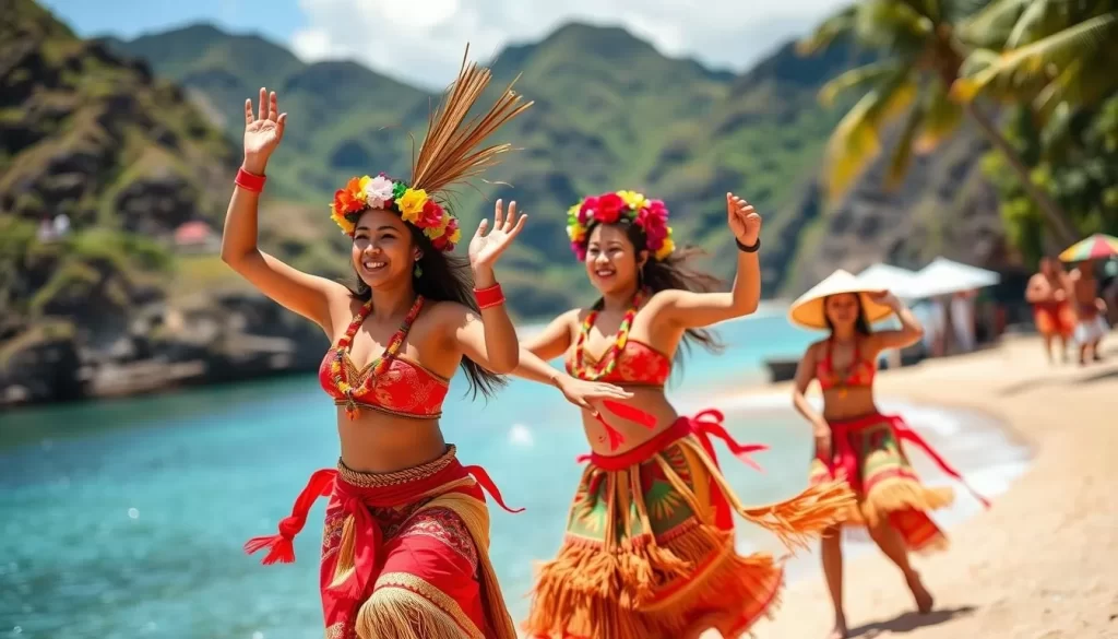 Generate an image of a vibrant dance performance at the Tahiti Ti'a Mai Festival