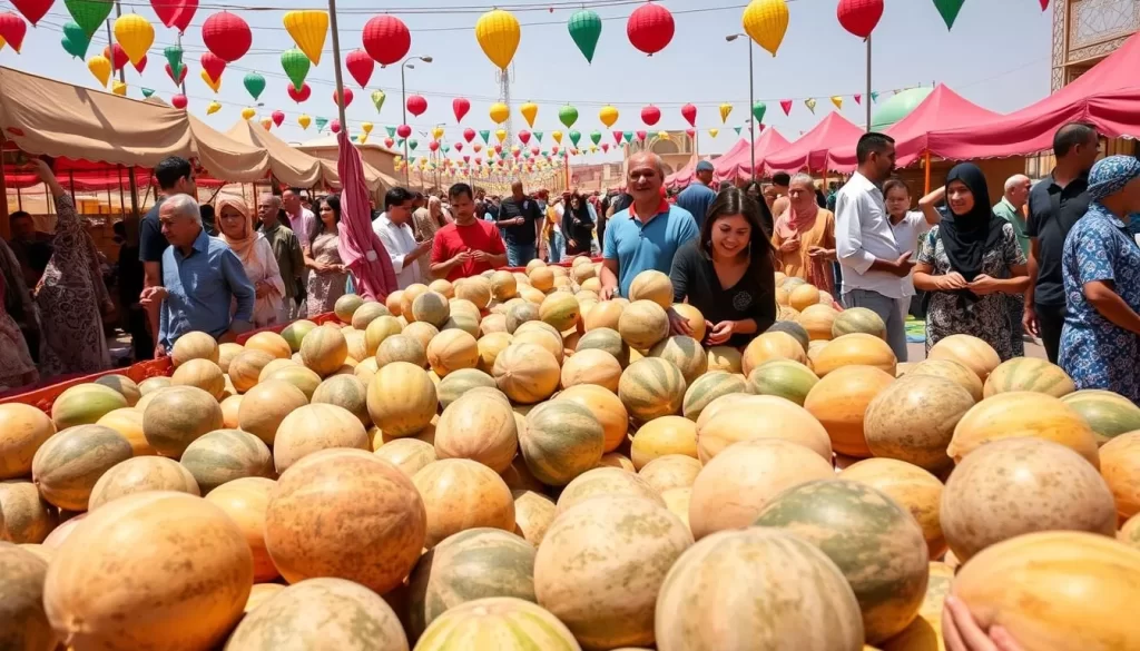 Generate an image of a vibrant festival scene in Khiva with melons on display and people enjoying the festivities.