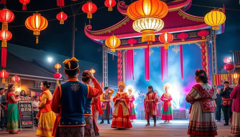 Generate an image of a vibrant festival scene in Miaoli County, Taiwan, showcasing traditional performances and colorful decorations.