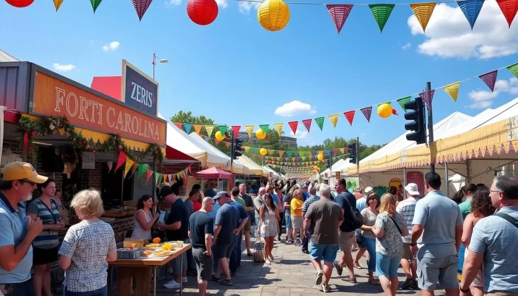 Generate an image of a vibrant festival scene in North Carolina, with people enjoying food, music, and activities.