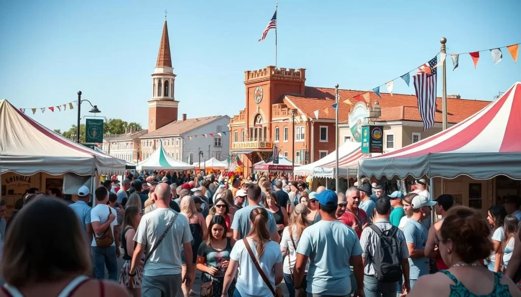 Generate an image of a vibrant festival scene in Rhode Island, showcasing a mix of culture, history, and entertainment.