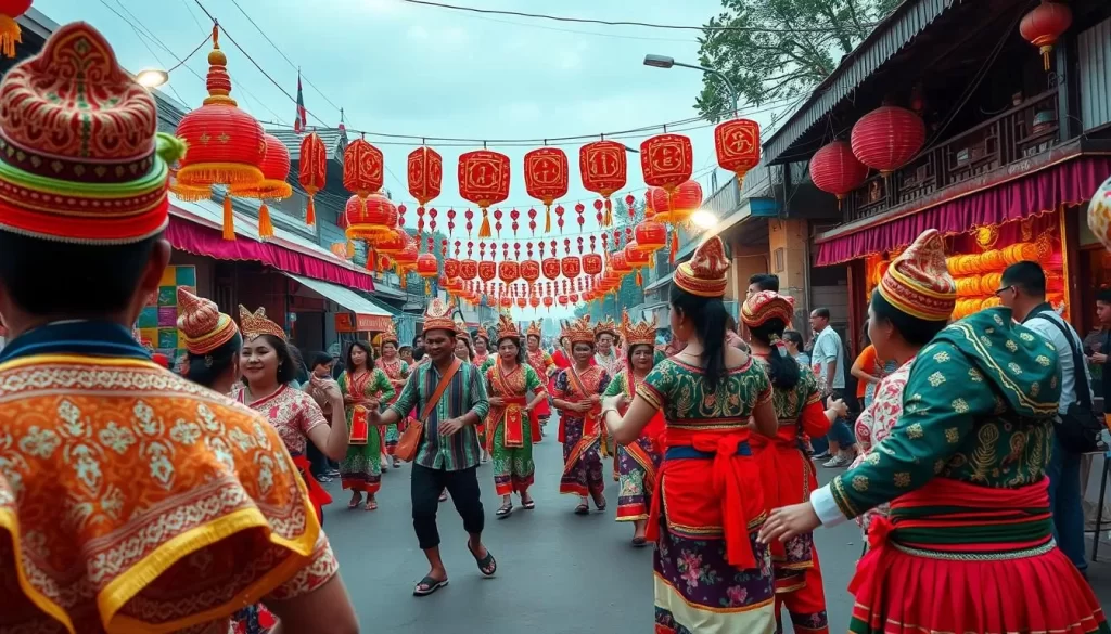 Generate an image of a vibrant festival scene in Udon Thani, Thailand, showcasing traditional dances and colorful decorations.