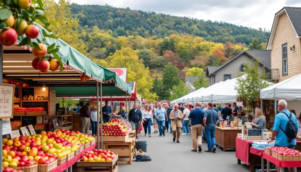 Generate an image of a vibrant festival scene with apple stands, cooking demonstrations, and orchard tours in Hendersonville, North Carolina.