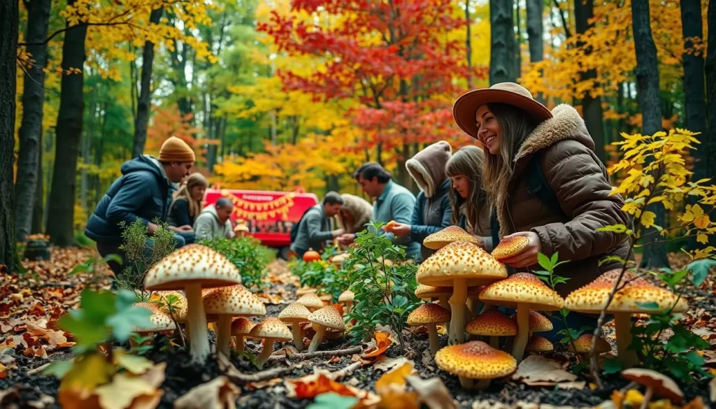 Generate an image of a vibrant festival scene with people picking mushrooms in a forest, surrounded by autumn foliage.